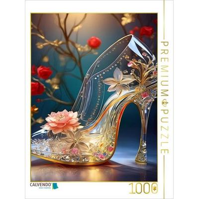 CALVENDO Puzzle Gläserner Pumps mit goldenen Verzierungen, Kristallen und einer rosa Seerose | 1000 Teile Lege-Größe 64x48cm Foto-Puzzle für