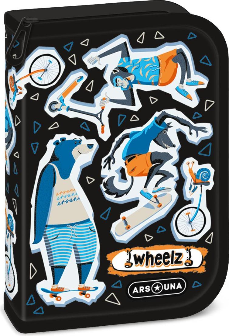 ARS UNA Schule Federmäppchen Wheelz - Bär mit Roller, schwarz-blau-weiß, für Jungen