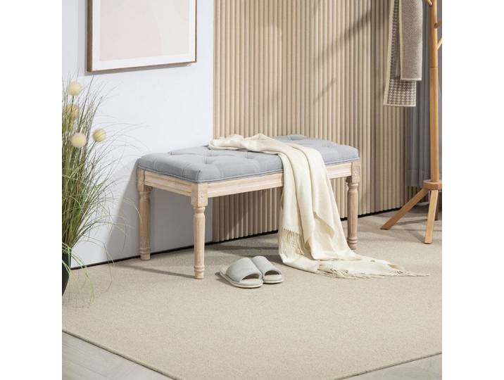 Banc bout de lit - Tapissé lin synthétique - Gris clair - Pieds bois hévéa - Assise rembourrée
