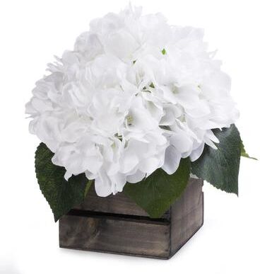 Enova Home Artificial Silk Hydrangea Fake Flowers Arrangement in Wood Planter for Home Office Wedding Decoration