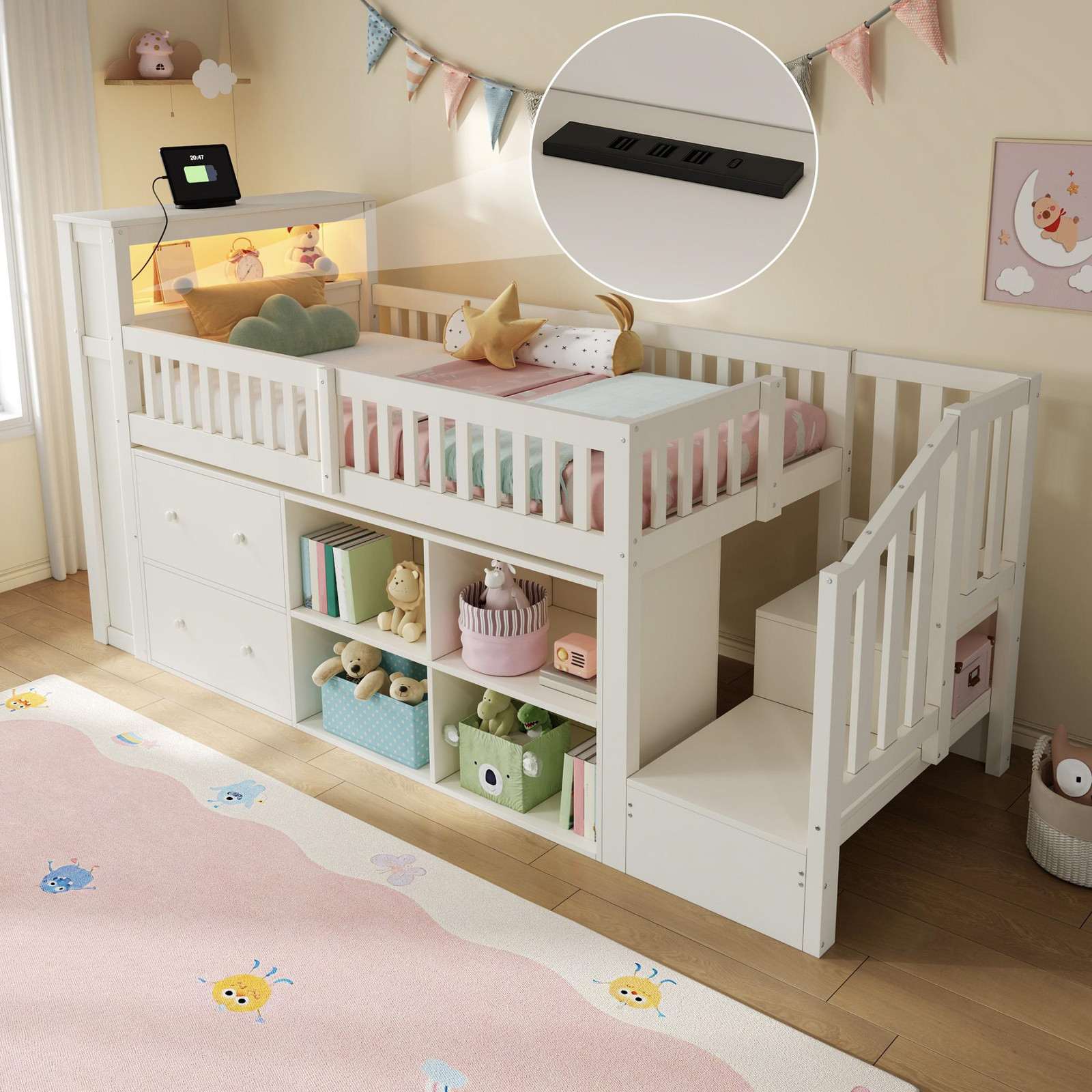 MODFU Halfhoog kinderbed van grenenhout met lades, ladderkast en LED-verlichting, wit, 90 x 200 cm
