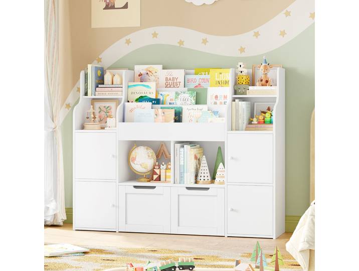 Getone Meuble Rangement Enfant,Meuble Rangement Jouets Enfant,Bibliothèque Enfant,Armoire Chambre Enfant avec 13 Étagères, 2 portes, 2 tiroirs sur roulettes, pour Chambre d’Enfant Salle de Jeu