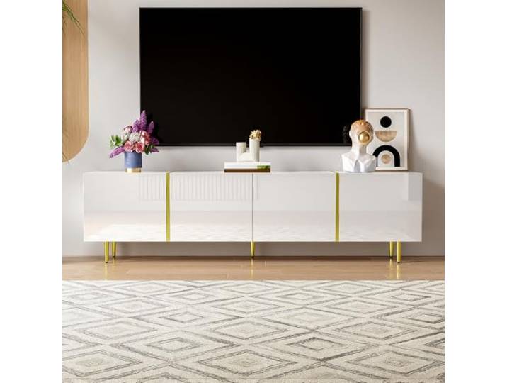 Ball & Cast TV Schrank (170×35×46cm) mit Hochwertige Scharniere, Hochglanz Fernseher Tisch mit 4 Türen, Bequeme Montage, Weiß