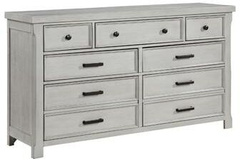 Benjara Brok 67 Inch Dresser, 7 Drawers, Light Gray Acacia, Black Bar Handles