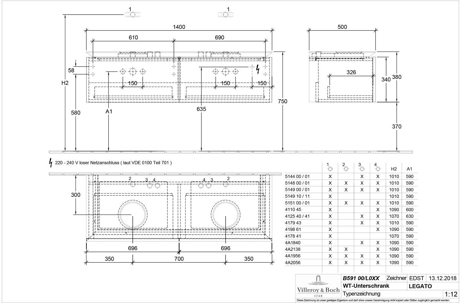 Villeroy & Boch Legato Waschtischunterschrank 140 cm mit 2 Auszügen und LED-Beleuchtung