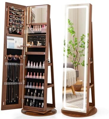 Rotating Jewelry Armoire Lockable Standing Jewelry Cabinet w/ Mirror