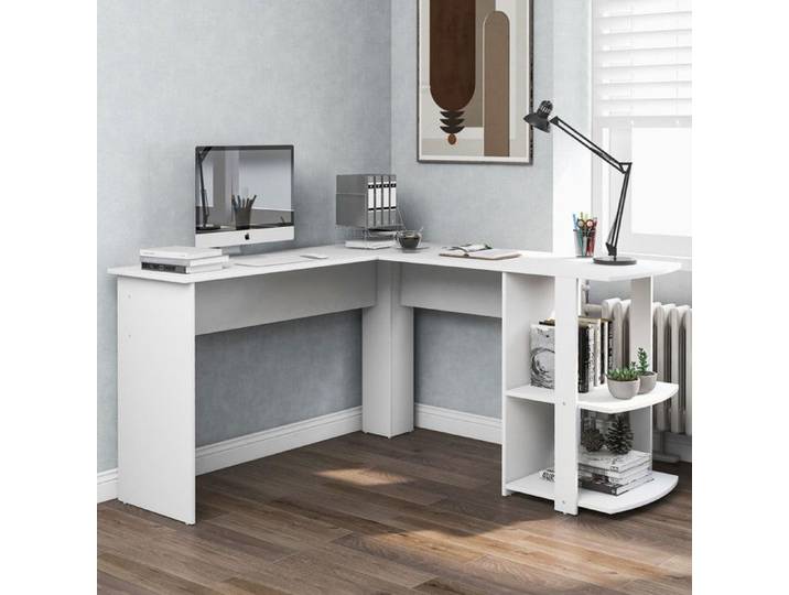 Bureau d'angle moderne en forme de L 140 cm avec 2 étagères peu encombrant montage facile blanc