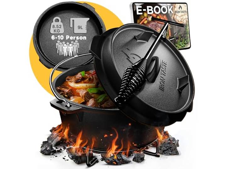 IRON TASTE Dutch Oven Set 9L - Eingebrannter Dutch Oven 9 Liter - Feuertopf Gusseiserner Topf mit praktischem Deckelheber & Edelstahl Untersetzer [für 6-10 Personen]