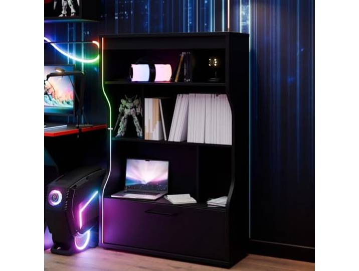 Forte Pittsfield Hochschrank Regal Schwarz mit Multicolor RGB-LED Beleuchtung, App Control – Modernes Gaming Raum Deko & Jugendzimmer Möbel mit Schubladen, 90 × 135 × 33 cm