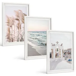 BILDER SET 3er Set - 40x60 cm Weißer Rahmen - Pflanzen, Meereswellen, Aussicht, Häuser