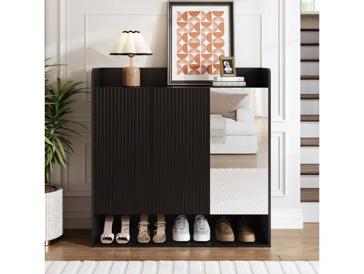 Meuble à Chaussures Noir avec Miroir Pleine Longueur Armoire de Rangement Entrée 3 Portes Étagères Réglables 110cm