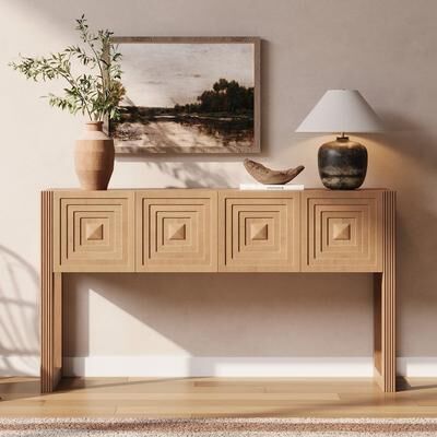 Geometric Carved Console Table with 3 Soft Close Drawers and Fluted Legs
