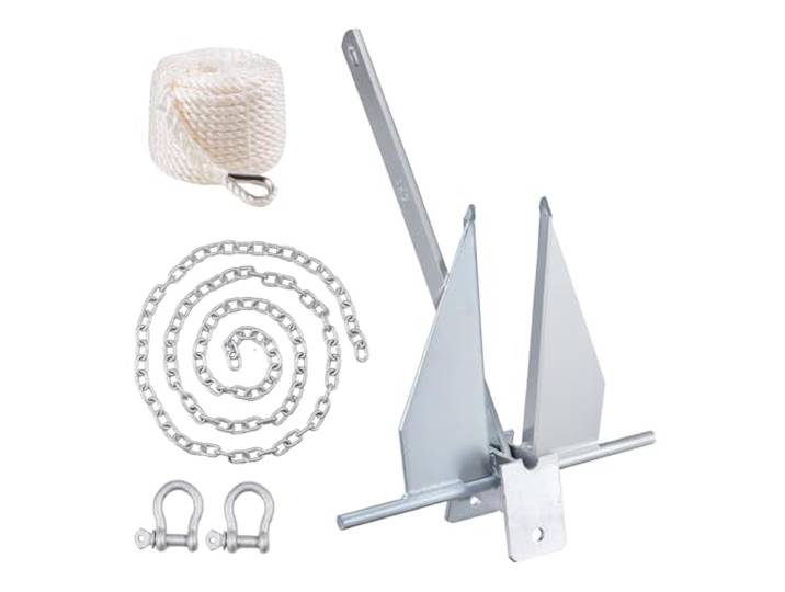 VEVOR Ancre Plate 6 kg\, Kit d'ancrage en Acier Galvanisé à Chaud avec Chaîne 2\,4 m\, Corde 30\,8 m et 2 Manilles\, Ancre de Bateau Marin pour Petits Navires de Moins de 9\,1 m\, Mers\, Rivières\, Rivages