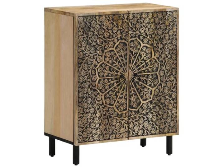 Fisinber Beistellschrank Massivholz Mango 60x33x75 cm Kommode Retro Handgeschnitztes Blumenmuster veredelt Flur und Wohnzimmer. Stabile Eisenbeine bieten Eleganz und langlebigen Stand.
