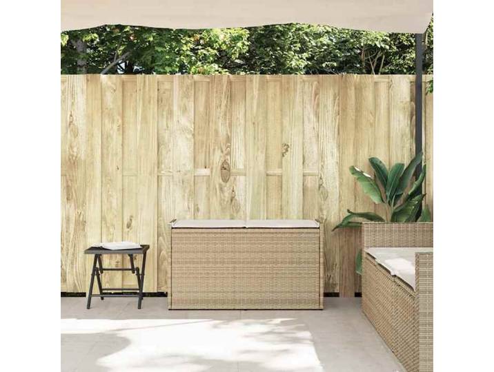 Banc coffre de jardin 100x45x57 cm en résine tressée beige - - Avec coussin - Housse amovible et lavable - Rangement intégré