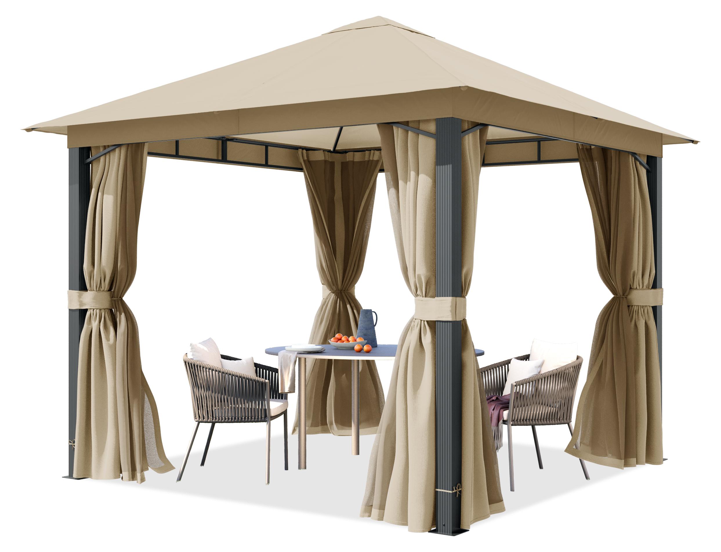 TOOLPORT Gartenpavillon 3x3 m ca. 220g/m² Dachplane Pavillon mit 4 Seitenteilen und 4 Moskitonetzen - cappuccino