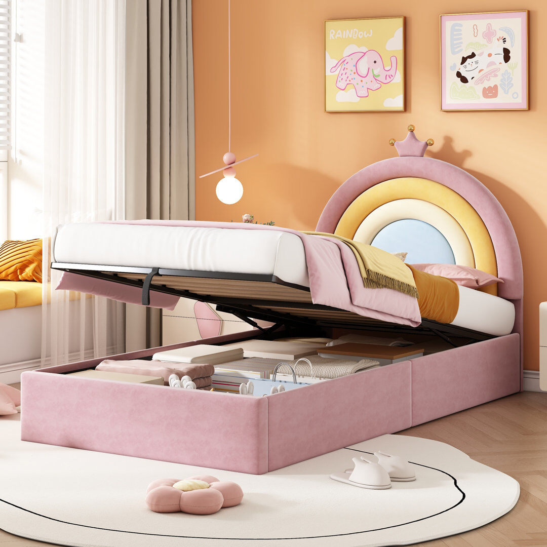 Happy Larry Upholstered Single (3') Ottoman Bed Pink 126cm H X 97cm W X 200cm L