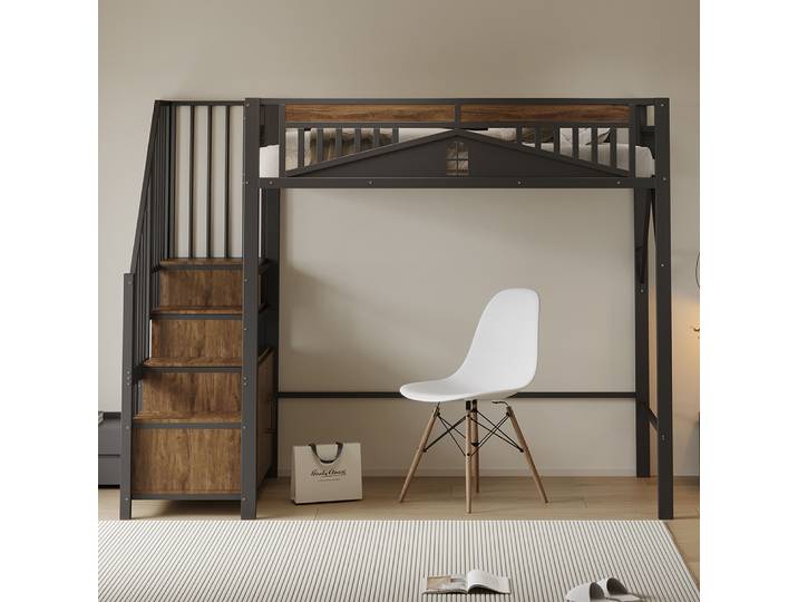 KOMHTOM Lit haut en métal 90x200 cm-avec fenêtre et échelle de sécurité verrouillée, noir