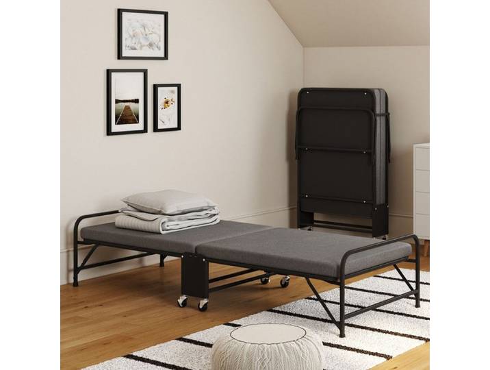 IDMARKET Lit d'appoint pliant 1 personne en métal ZAK avec sommier et matelas 70x190 cm gris et noir