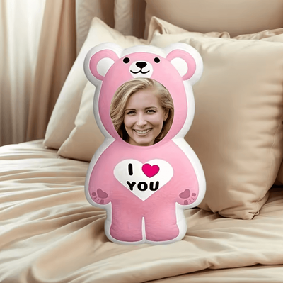 Uplift Curations BearCharm Custom Double Sided Printed Cushion Pink Bear Portrait Pillow Gift For Valentines customised Pillow 7.9 In