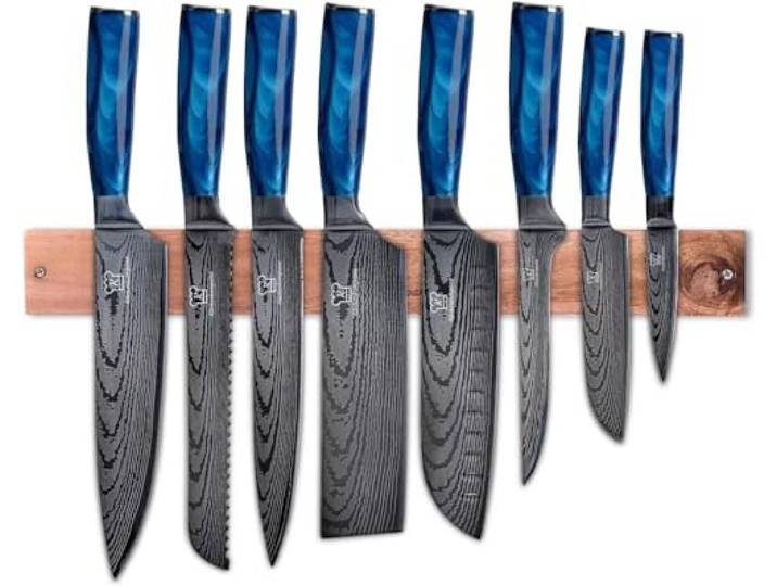KÜCHENKOMPANE – Edelstahl Messerset Shiburu mit magn. Messerleiste als Messerblock 8-teiliges Küchenmesser Set im Damast Design Kochmesser mit ergonomischen Epoxid-Griff Designed in Germany
