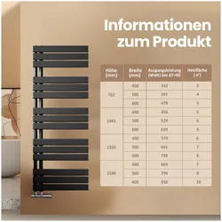Emke Badheizkörper Handtuchhalter Handtuchwärmer 130x40cm Schwarz 570w, Heizkörper, Schwarz