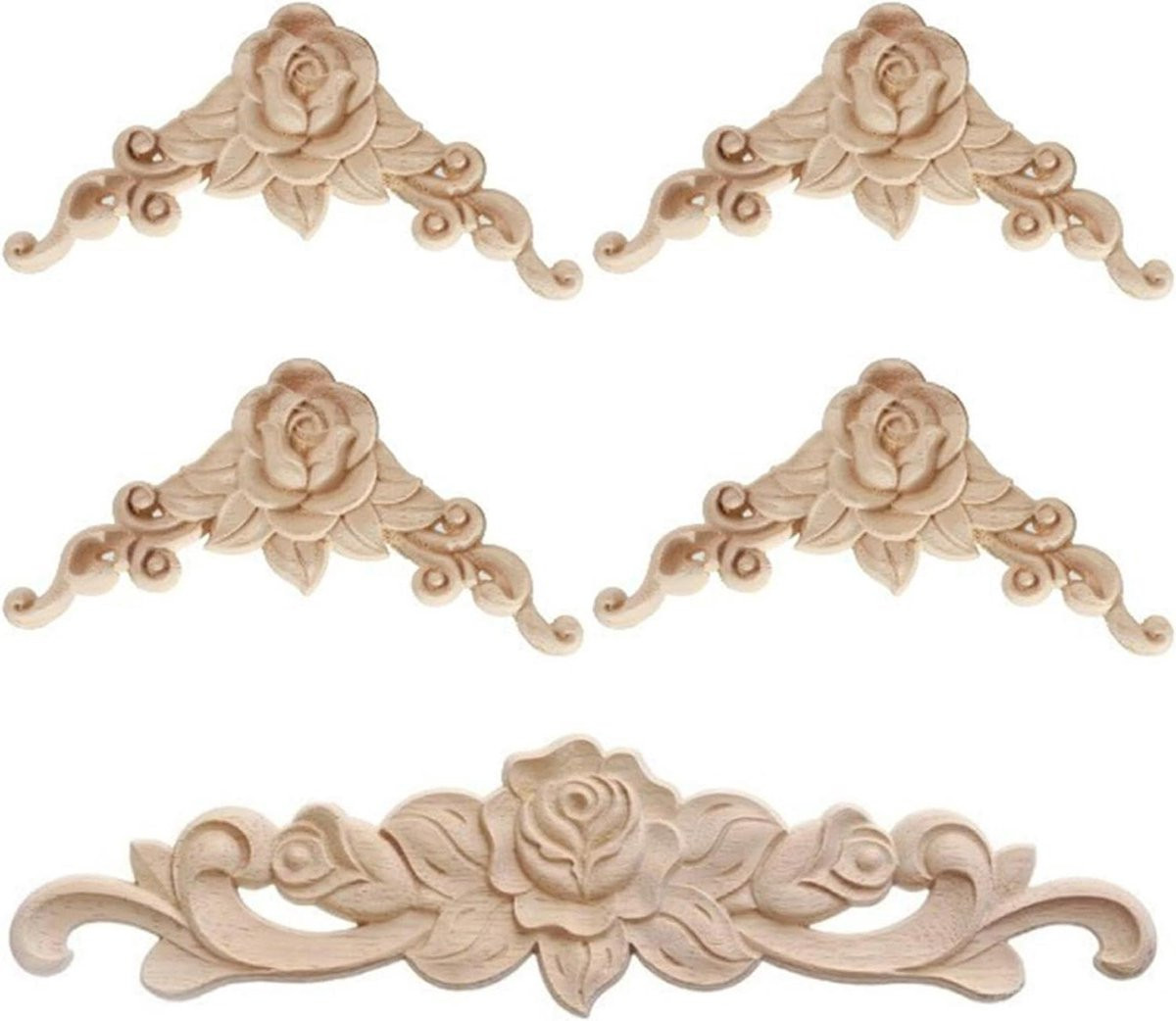 Set van 5 houten applicaties in Europese stijl voor meubeldecoratie, houtkleur