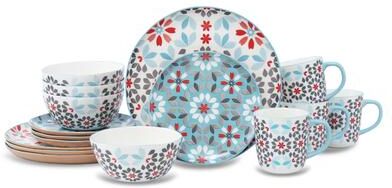 Lorren Home Trends Bone China 16-Piece Dinnerware Set, Floral Pattern with Blue and Red