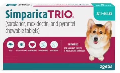 Simparica Trio For Dogs 22.1-44 Lbs (Teal) 6 Chews