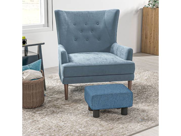 HOMCOM Pouf Tabouret Bas Tissu Lin 40x30x24cm Bleu Foncé