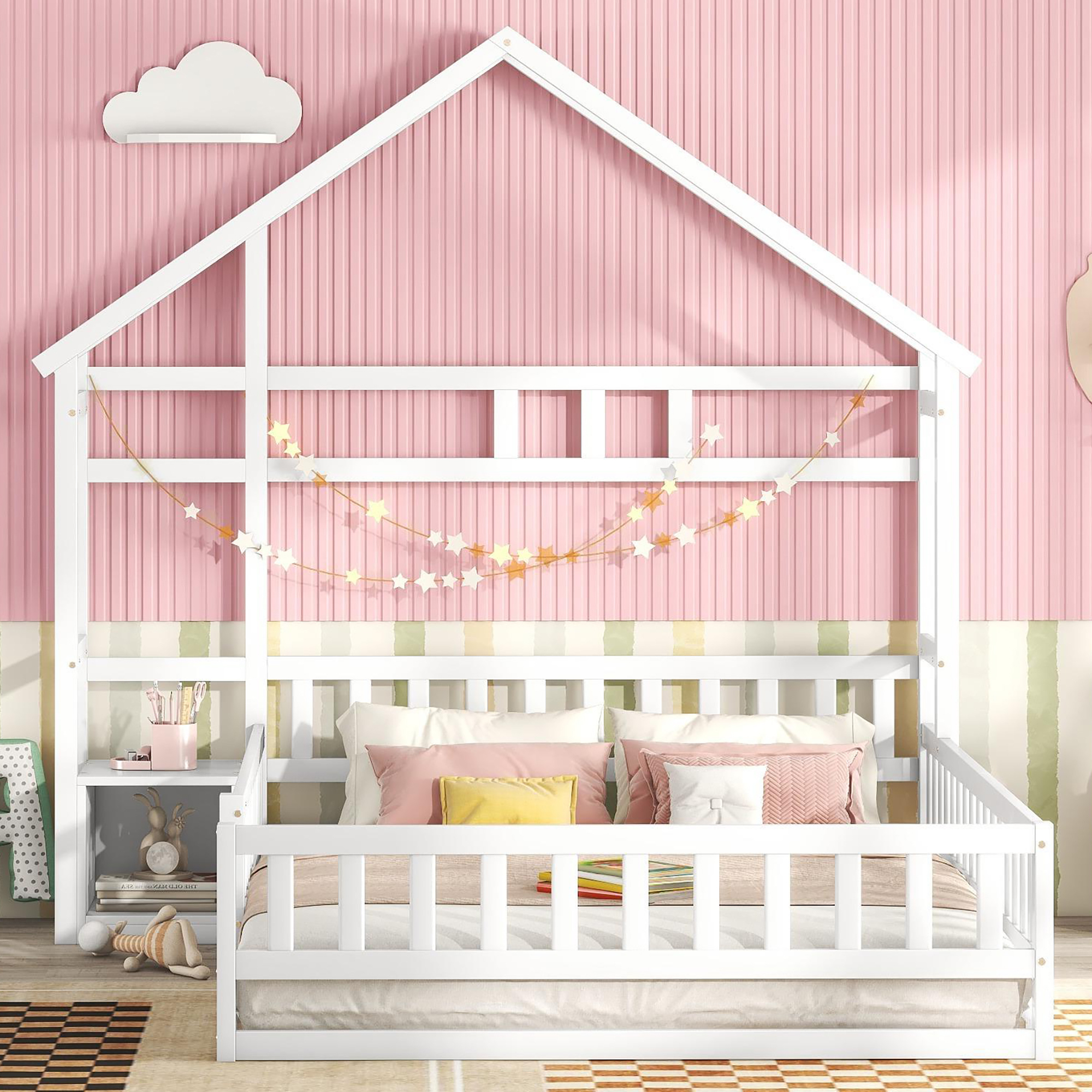 MODFU Jugendbett mit Matratze 140x200 Kinderbett mit Stauraum,Bettgestell mit Lattenrost,Hausbetten mit Geländer,mit Nachttischen,Weiß