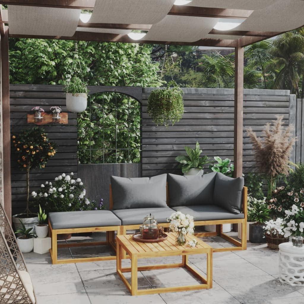 4-teiliges Garten-Lounge-Set aus massivem Akazienholz mit Auflagen, Couchtisch im Lattenrost-Design und modularer Sitzgruppe für die Terrasse