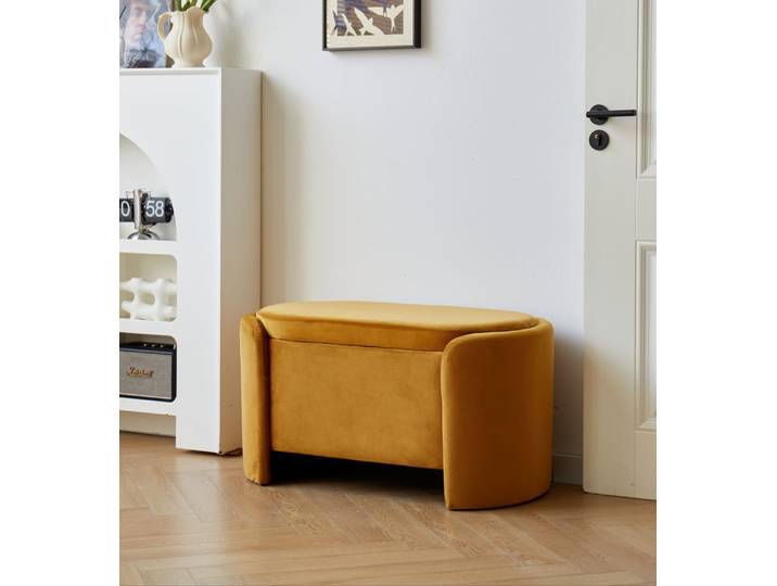 Banc coffre avec rangement en velours jaune moutarde