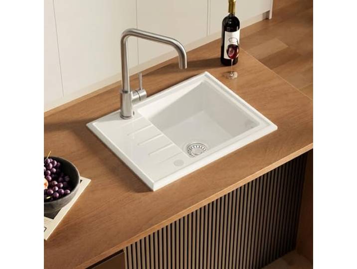 CECIPA Spülbecken 60x46, Küchenspüle Keramik Weiß, Leicht zu Reinigen, Hitzebeständig, Geräuschgedämpft, Waschbecken Küche mit 2 Vorbohrungen, 360°Drehbar Küchenarmatur, Mischbatterie für Warm&Kalt