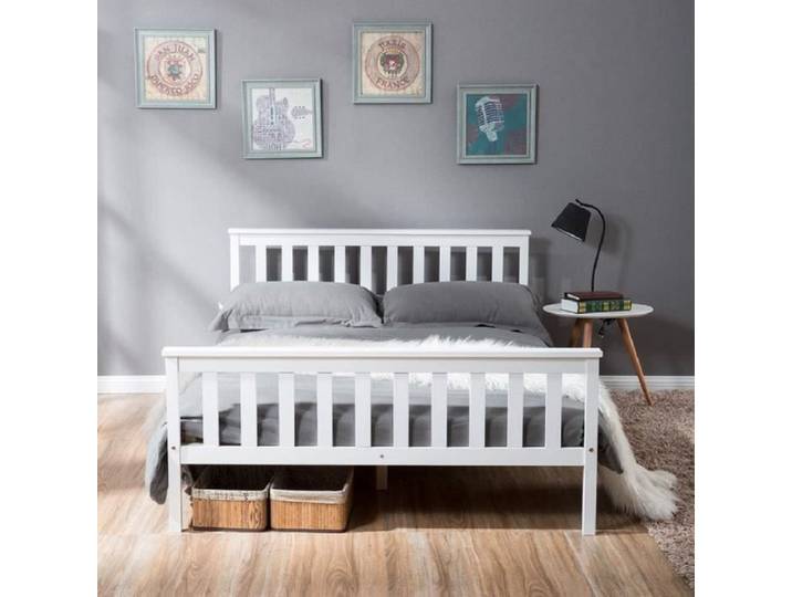 Lit double - LEYTN - 140x200cm - Bois massif - Blanc - Tête de lit incluse