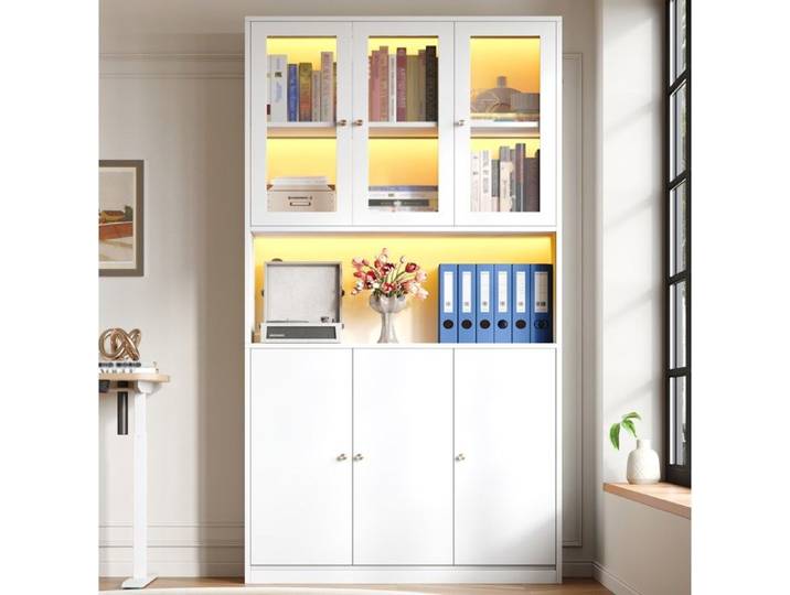 ULEVR Bibliothèque haute blanche 100 x 35 x 200 cm avec vitrine en verre LED niche ouverte et 3 portes