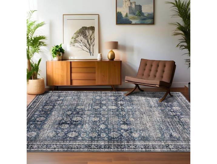 Tapis vintage bleu 200x290cm lavable antidérapant salon cuisine