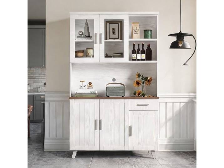 Haut buffet en panneaux de particules blanc et bois 114x40x190 cm style campagne