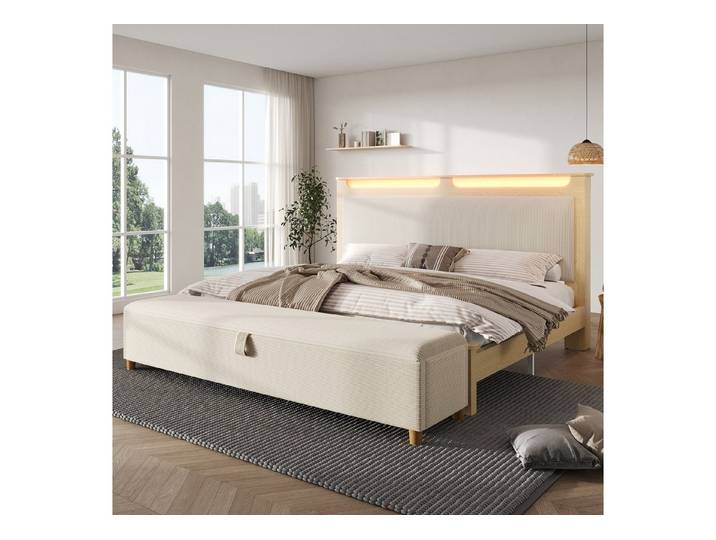 MODFU Holzbett Doppelbett mit Stauraum-Kopfteil & LED (Doppelbett, Bettrahmen mit Holzlatten, 1-tlg., 160x200cm, Beige/Natur (ohne Matratze), Cord-Bezug, Holzlatten-Rahmen