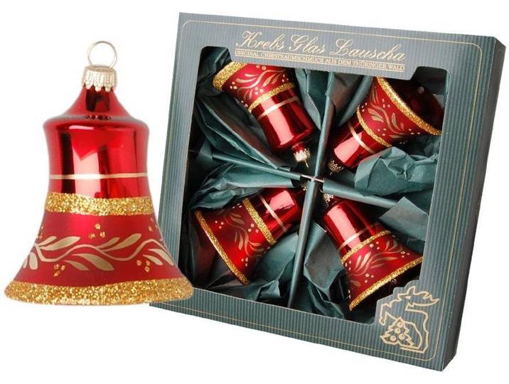 Christbaumschmuck KREBS GLAS LAUSCHA Glocken, Weihnachtsdeko rot, Christbaumschmuck , rot (rot, goldfarben), H:7cm Ø:7cm, Glas, Weihnachtsbaumschmuck, Christbaumschmuck, goldfarben dekoriert, mundgeblasen