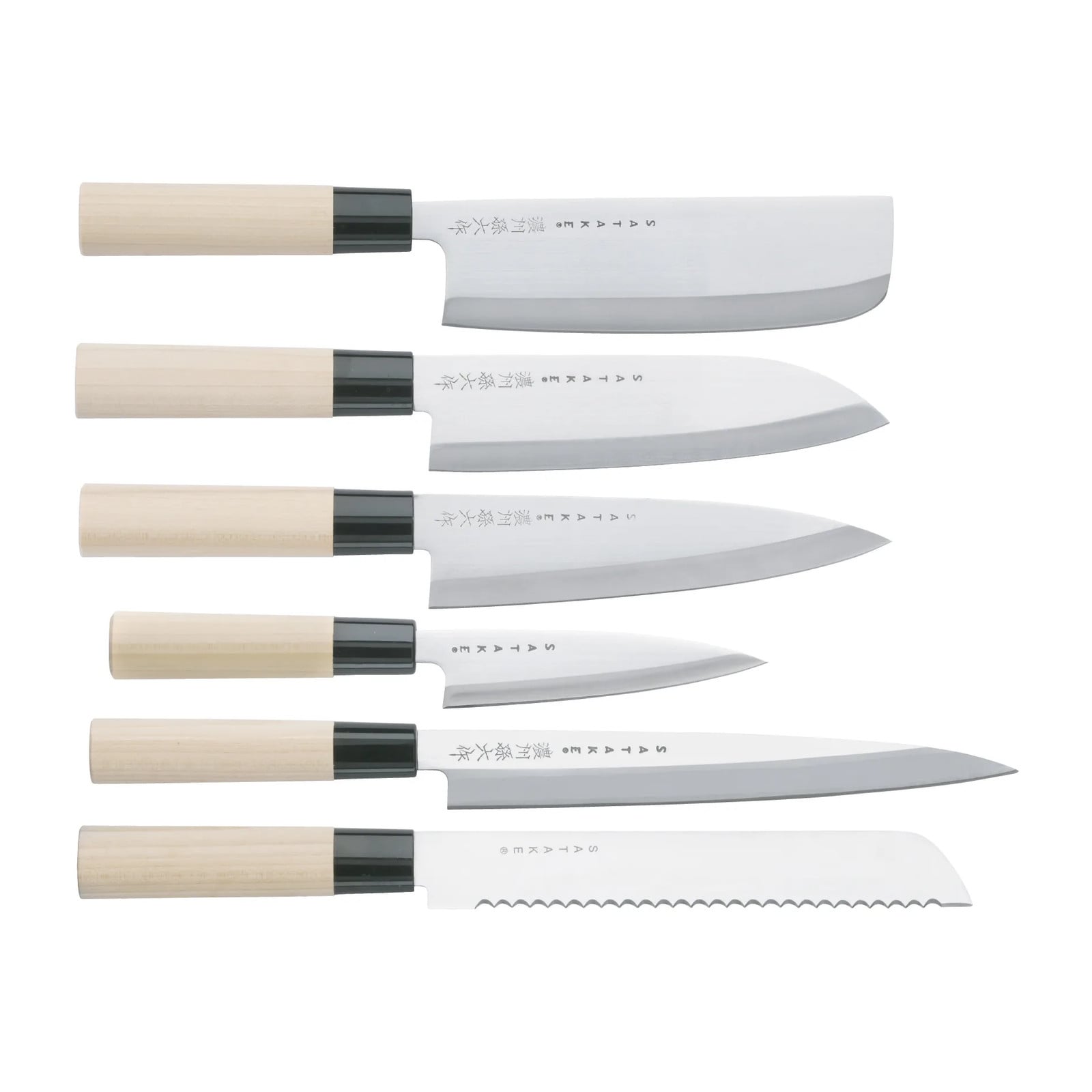 Satake 6-delige Japanse messenset met chefmes in Magnolia hout