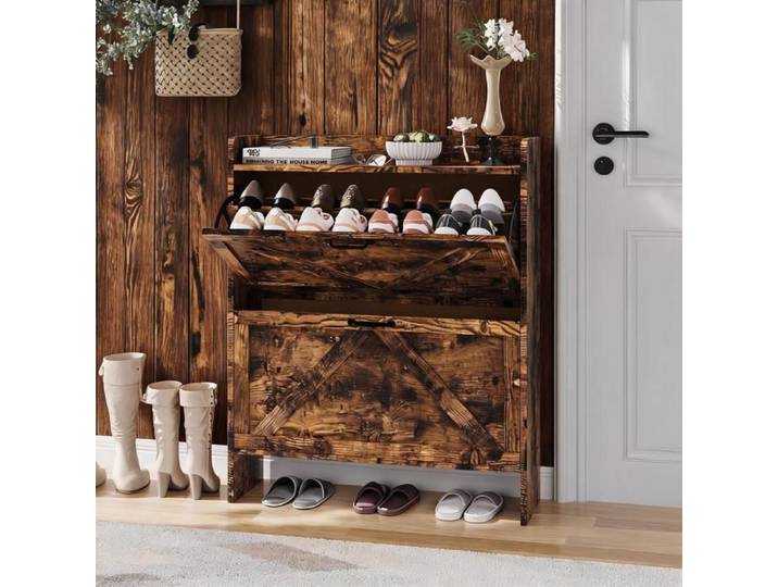 JoyGarden Armoire à chaussures étroite 2 tiroirs pivotants rangement 16 paires avec étagère réglable pour entrée couloir rustique