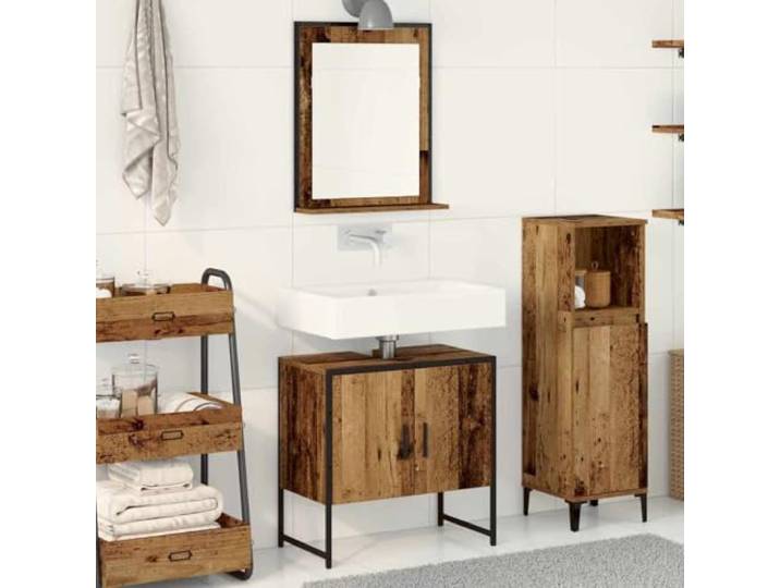 Badezimmermoebel-Set 2 Stk Braun Holzwerkstoff mit Spiegel und Unterschrank Holzwerkstoff, Glaselemente, 2-teilig, Spiegel 50x60 cm, Schrank 60x33x60 cm, Wandmontage
