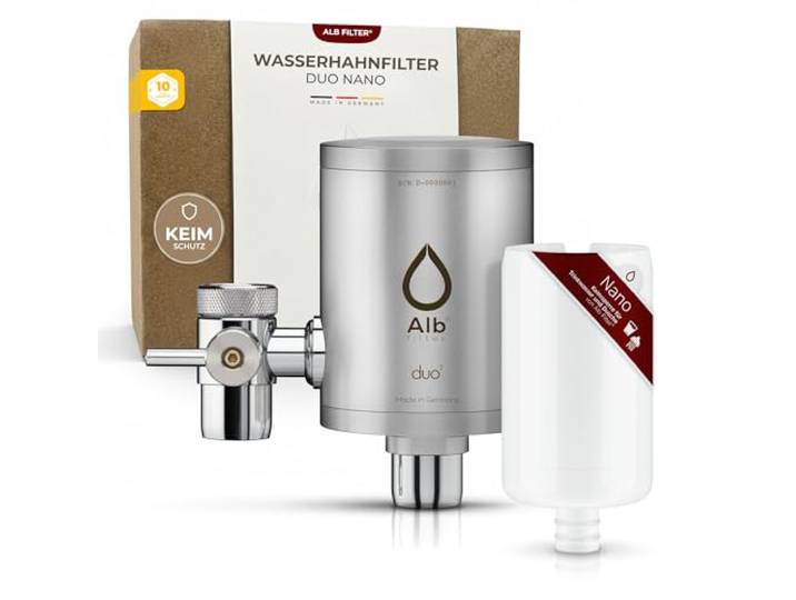 Alb Filter DUO NANO Wasserfilter Wasserhahn Edelstahl Matt Zertifizierte Keimsperre bis 0,1 µm gegen Legionellen & Bakterien, Trinkwasserfilter Küche, Made in Germany