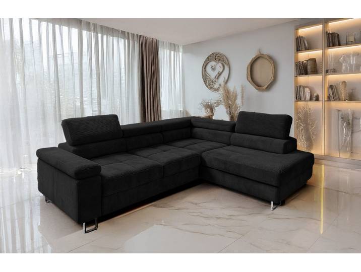 Goldstoff Ecksofa mit Schlaffunktion, Cord Couch für Wohnzimmer - Cord Ecksofa, Cord Sofa VOYAGE 2 Teile, Großer Bettkasten