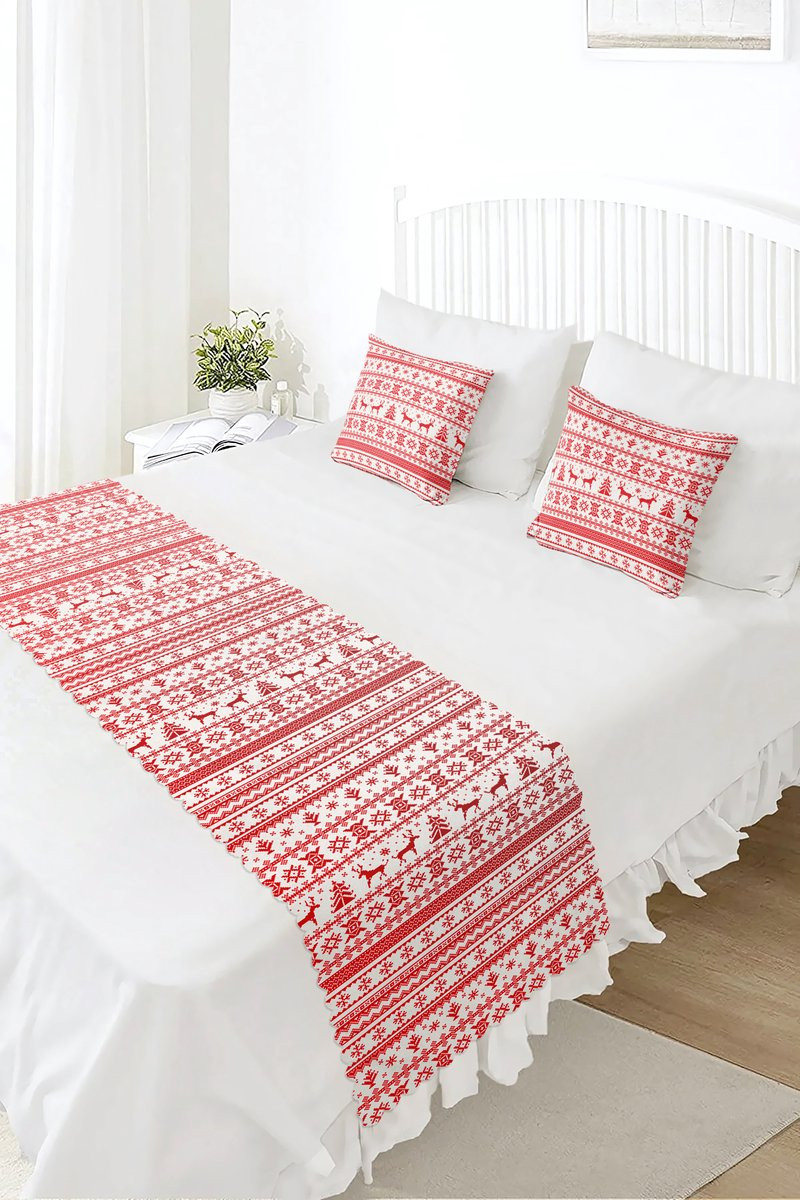 De Groen Home Bedloper en Kussenhoes Set - Bedsprei van Bedrukt Velvet met Rode Rendieren voor Kerstdecoratie