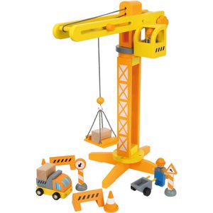 small-foot Baustellenfahrzeug 12007 Baukran, mit Figuren und Baustellenzubehör, aus Holz