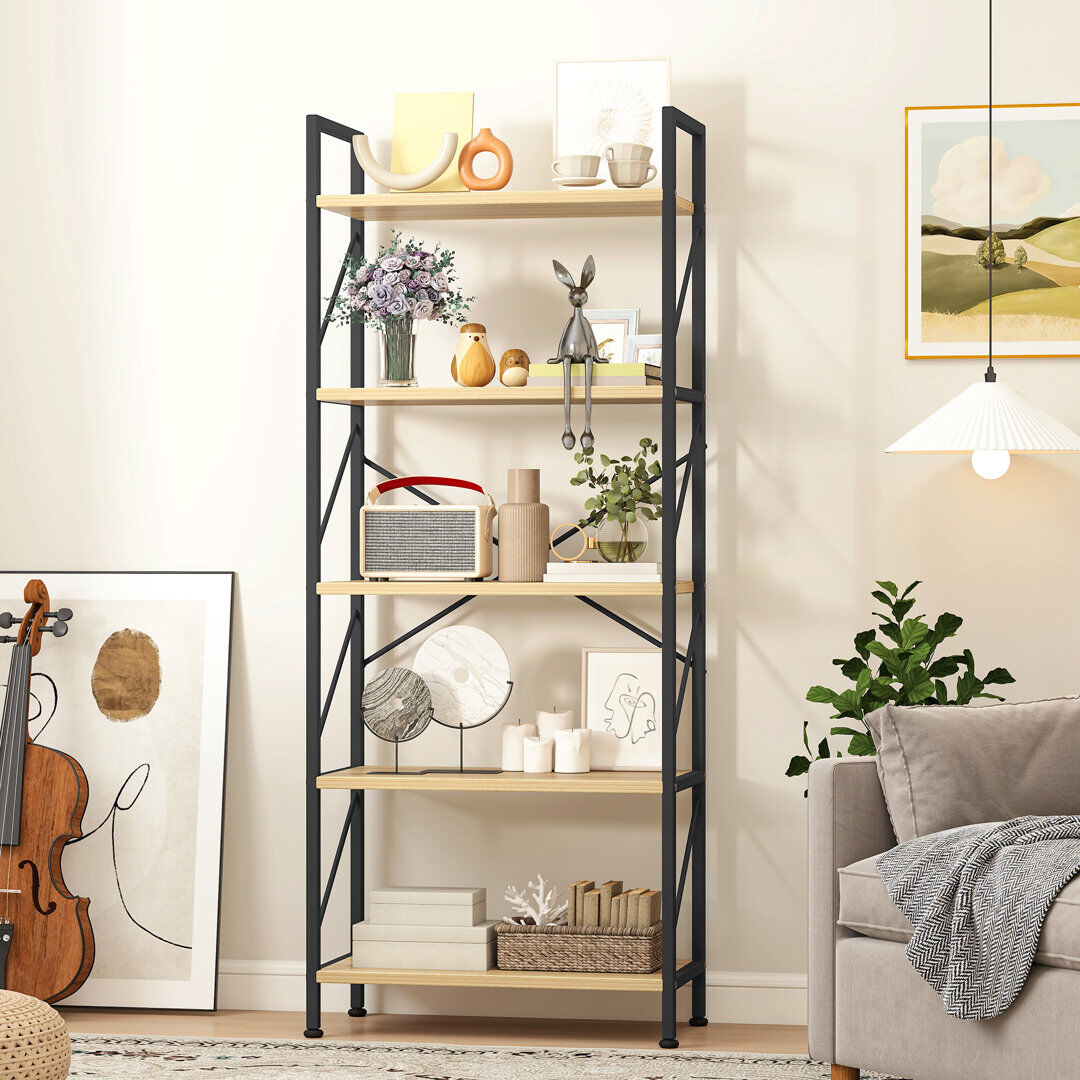17 Stories Industrial Bookcase, Corner Shelf Unit, Shelving Unit, For Living Room, Study, Home Office Black/Natural 158cm H X 60cm W X 30cm D