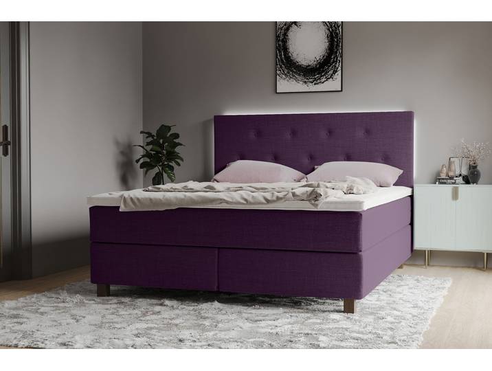 Boxspringbett, 100% Polyester, Lila, 161×208 cm, Mit LED-Beleuchtung & Taschen-Federkernmatratze, Modern, Inosign