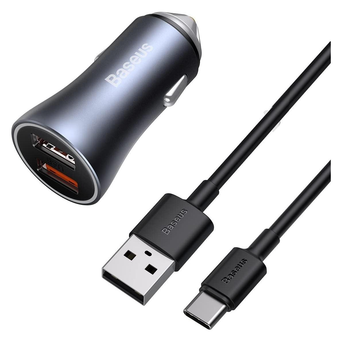 Baseus Golden Contactor Pro car charger, 2x USB, 40W + cable USB to USB-C 1m (gray) (TZCCJD-A0G)